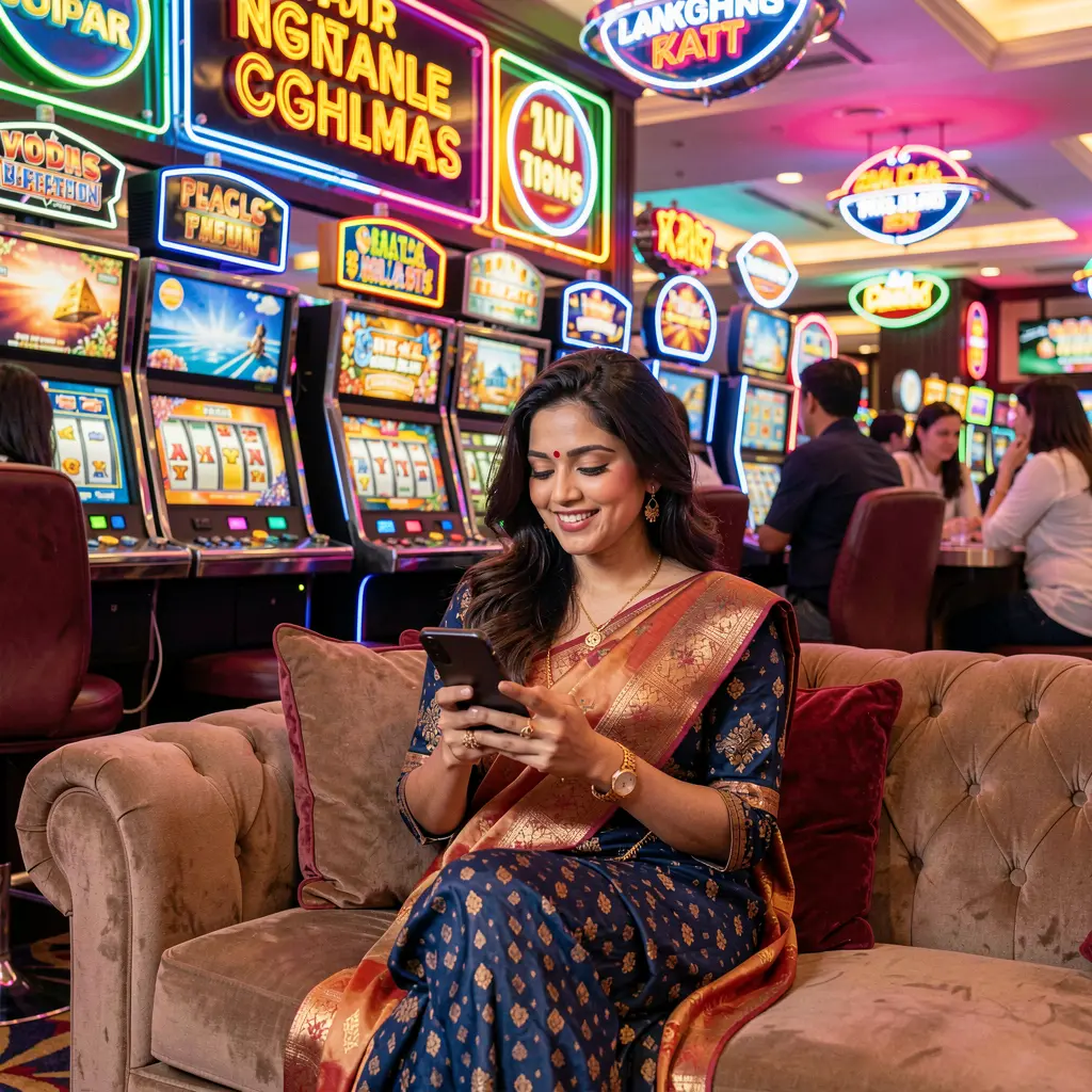 Stylish Bangladeshi woman checking the 788TK casino app on her phone while sitting in a neon lit gaming environment