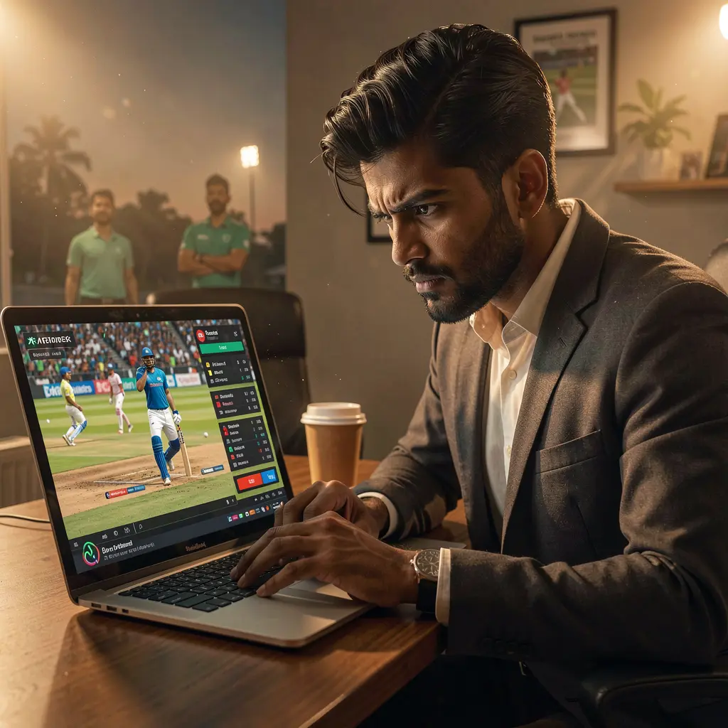 Focused Bangladeshi sports bettor using a laptop with live cricket action and the 788TK betting platform interface on screen