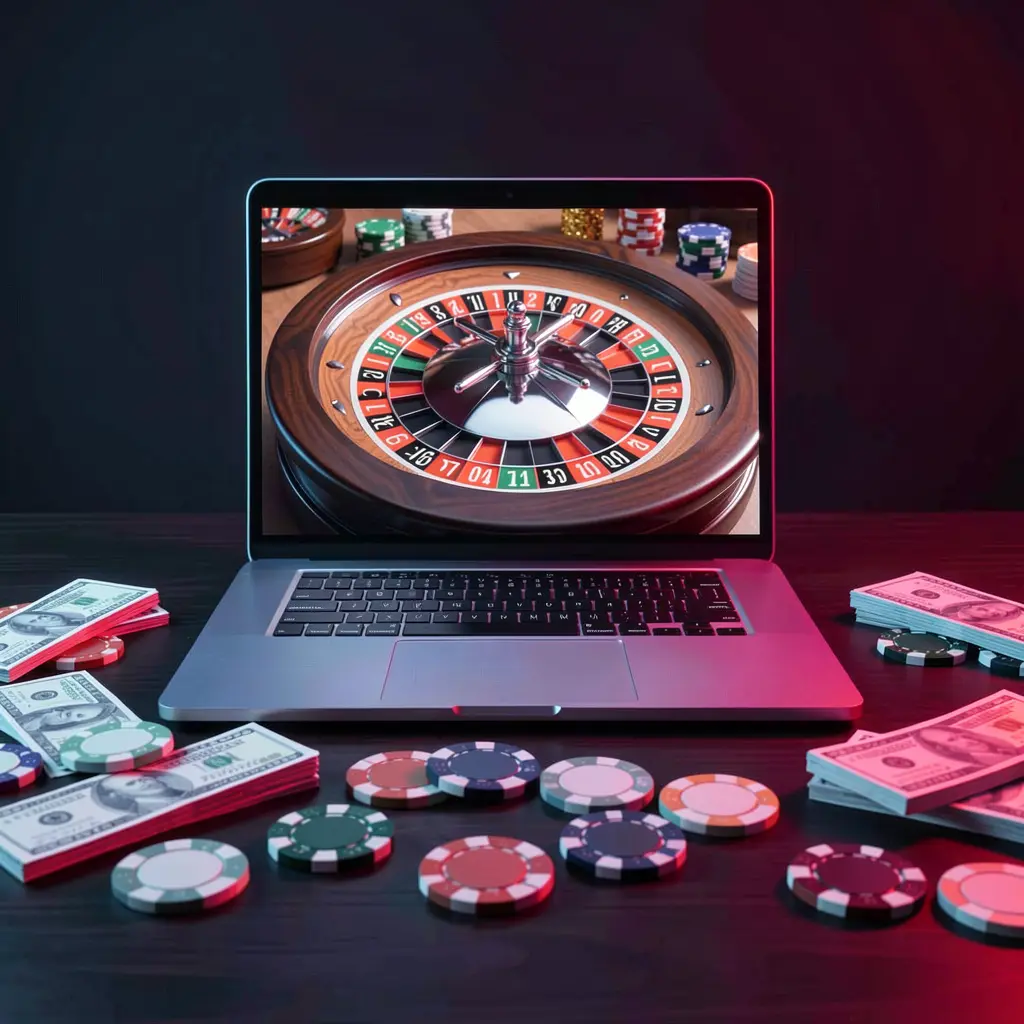 High definition online roulette interface on a laptop surrounded by casino chips and cash highlighting the premium gaming environment of 788TK in Bangladesh